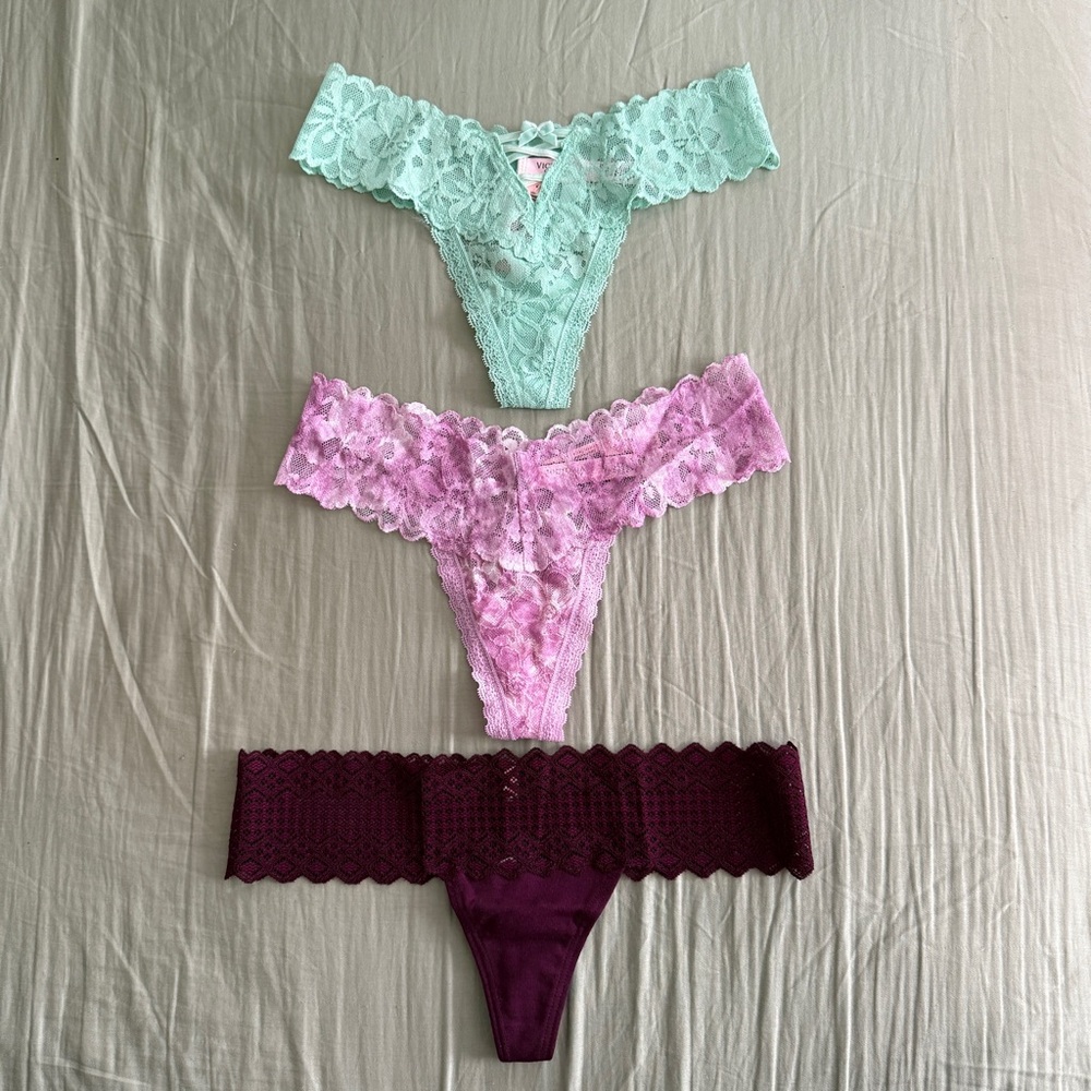 3 x Victoria's Secret PINK Floral Lace Thong Panties Sheer Green Lavender Purple
